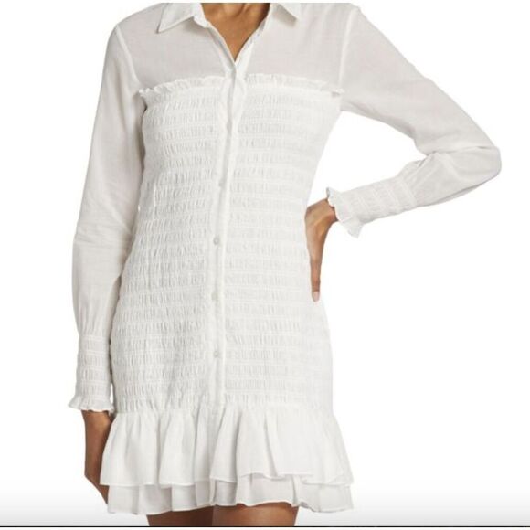 Veronica Beard Kelsey Button-Down Ruffled Smocked Dress in White Size 10 - Picture 3 of 12